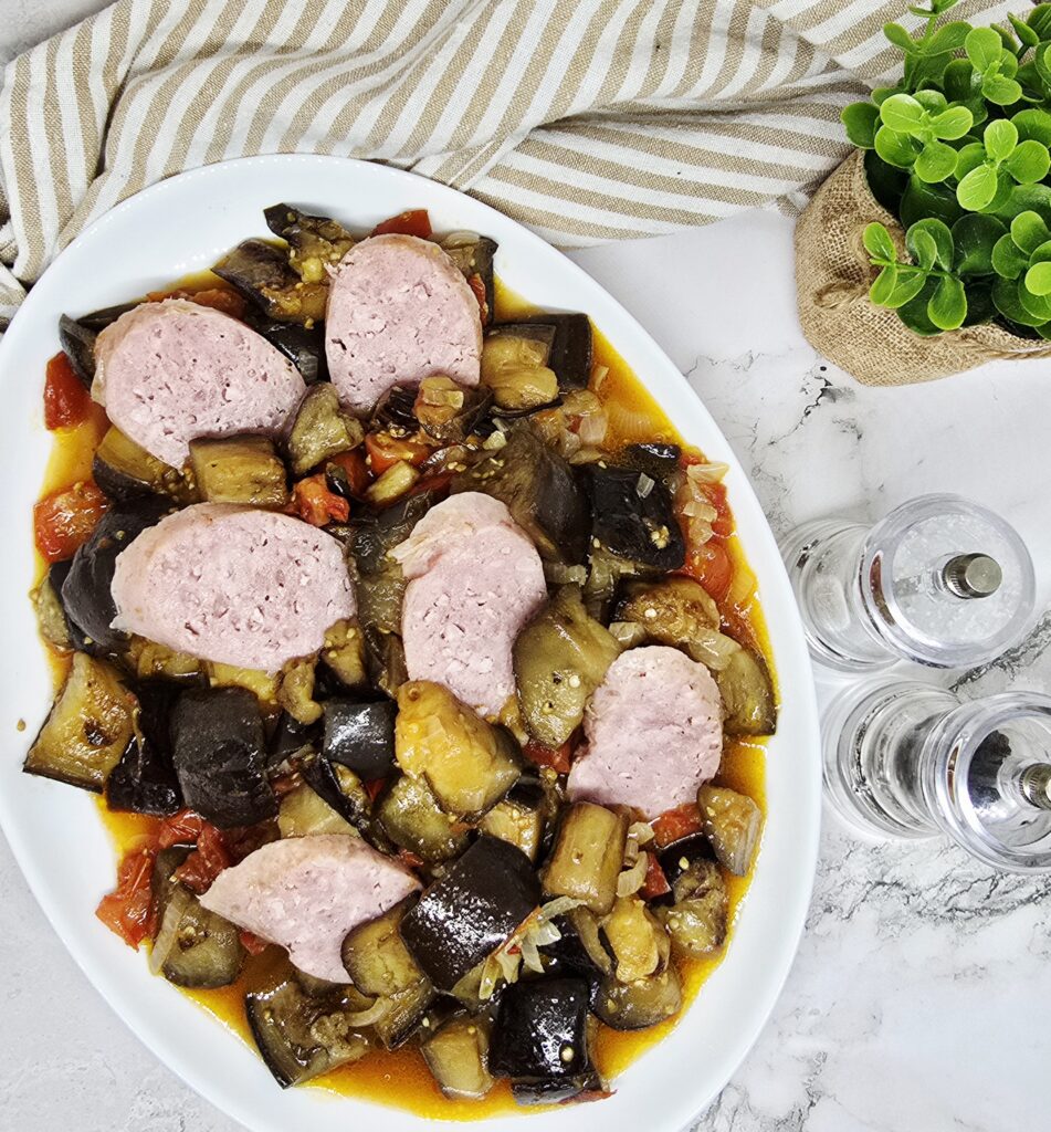 Riste d'aubergines et saucisse de Morteau