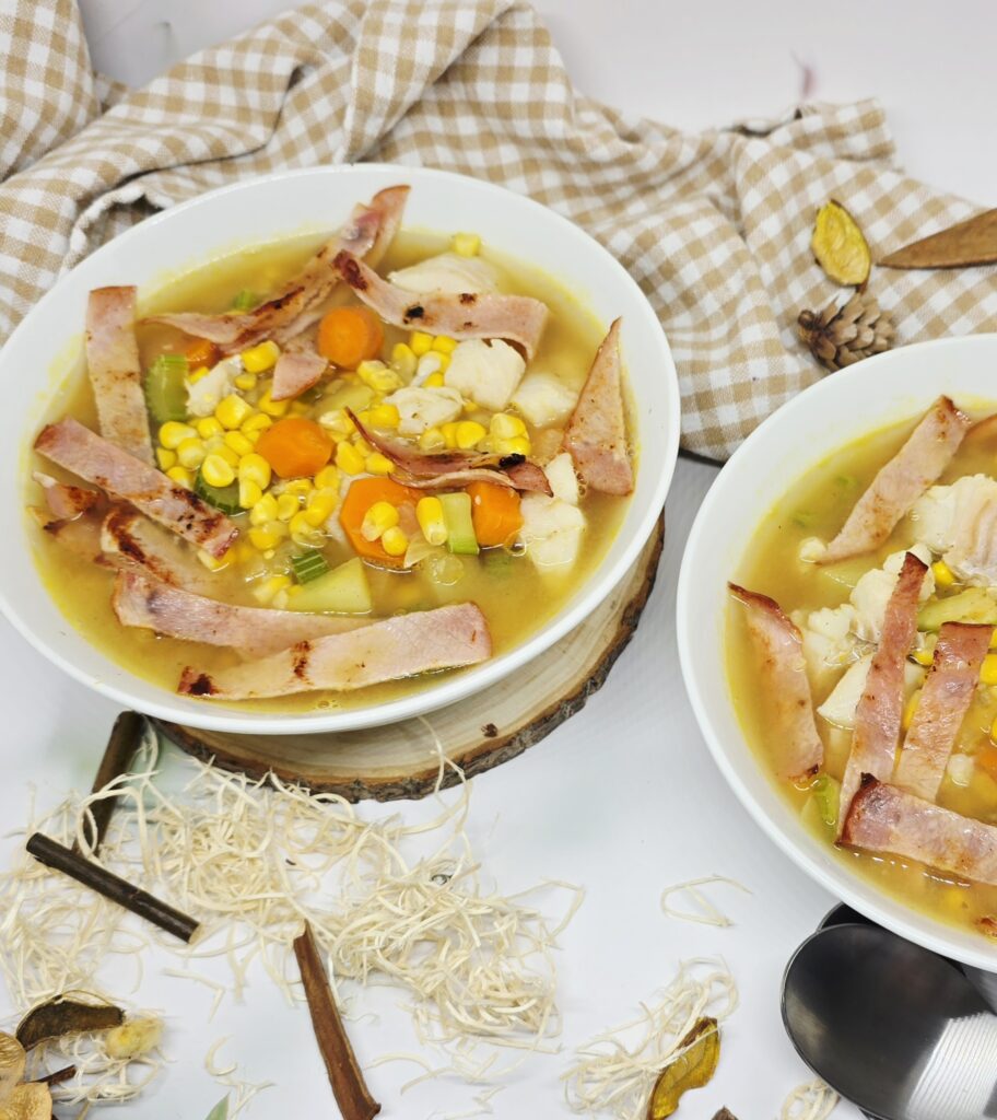 Soupe de légumes au cabillaud et bacon