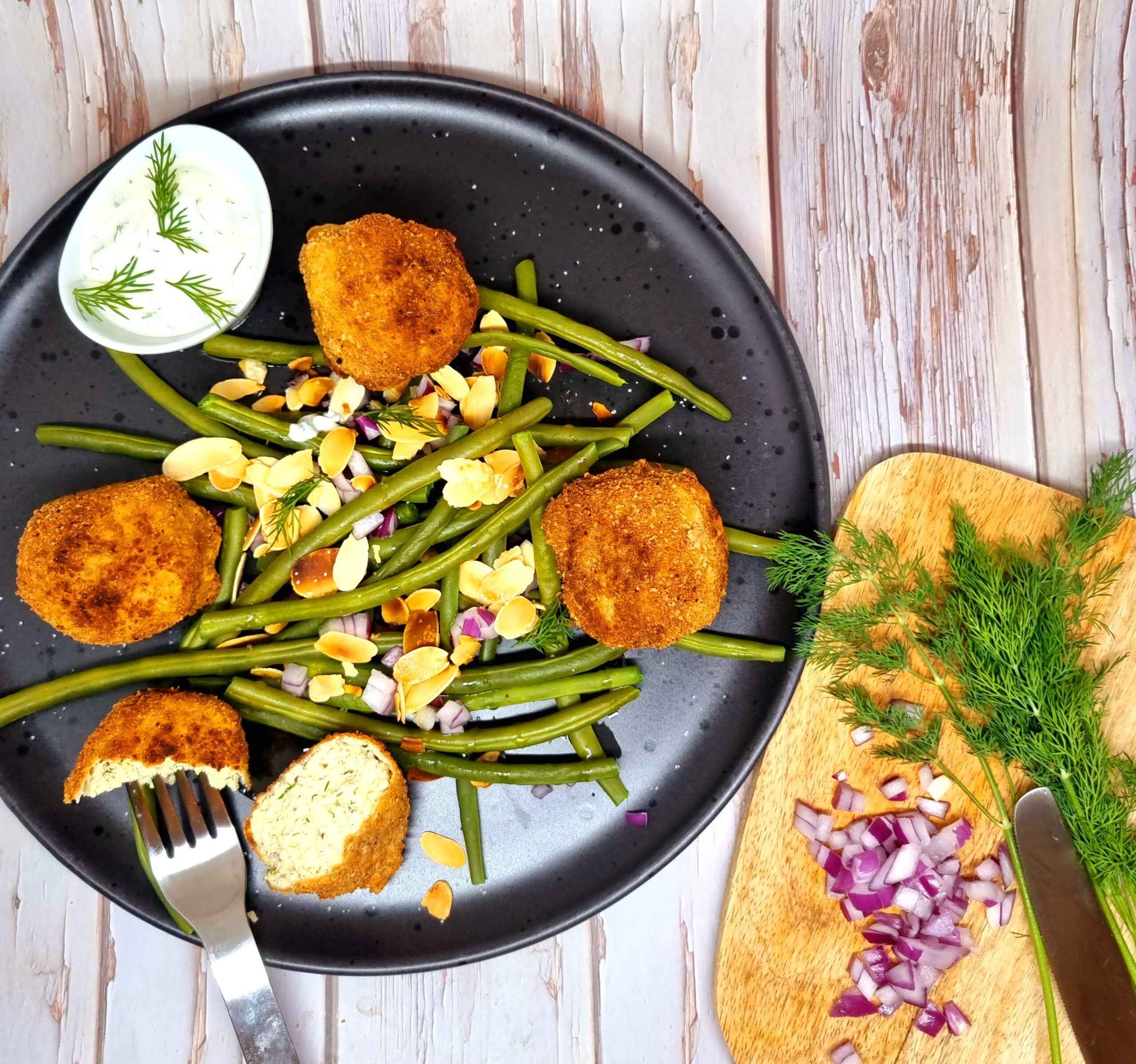 Boulettes de tofu et salade de haricots verts