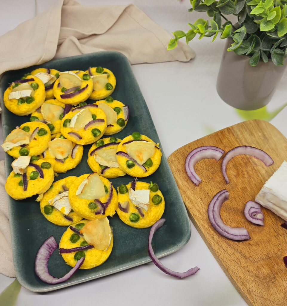 Mini quiches de polenta, chèvre et petits pois 1 Mini quiches de polenta, chèvre et petits pois