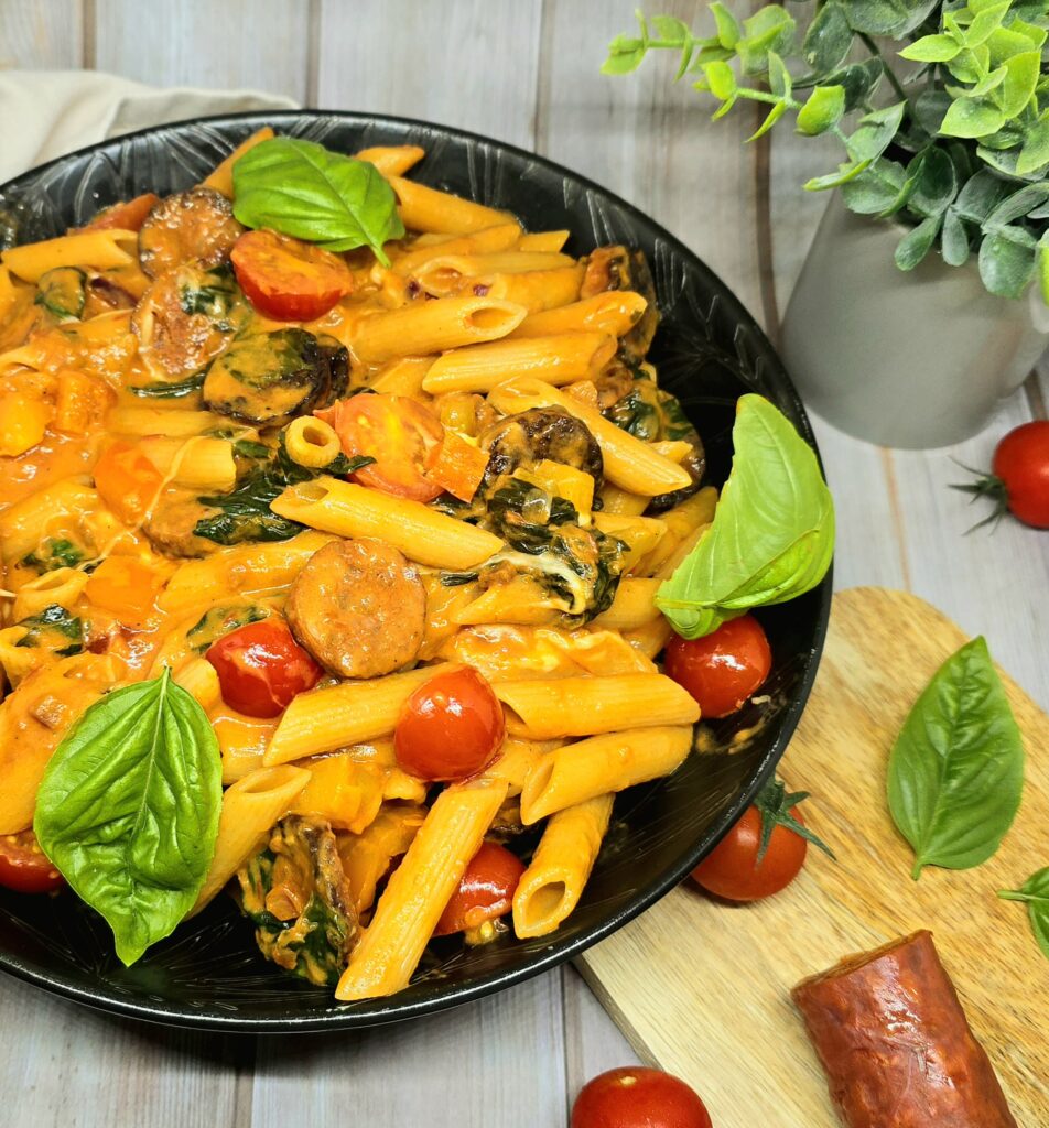Penne au chorizo et légumes : recette crémeuse, rapide et pleine de saveurs