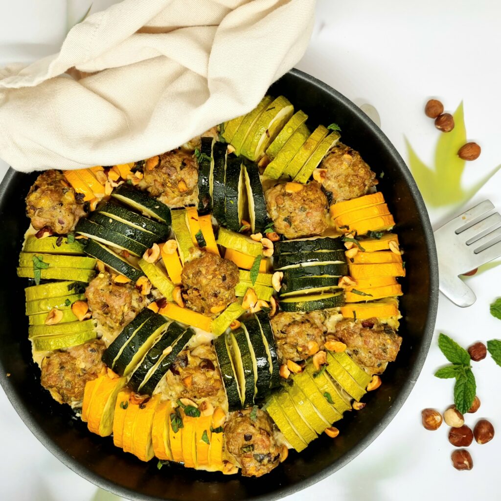 Tian de courgettes aux boulettes de porc
