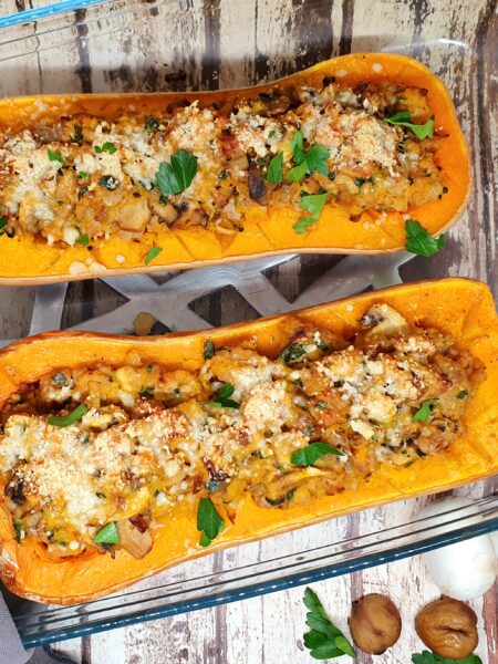 Butternut farçie au veau, champignons et châtaignes