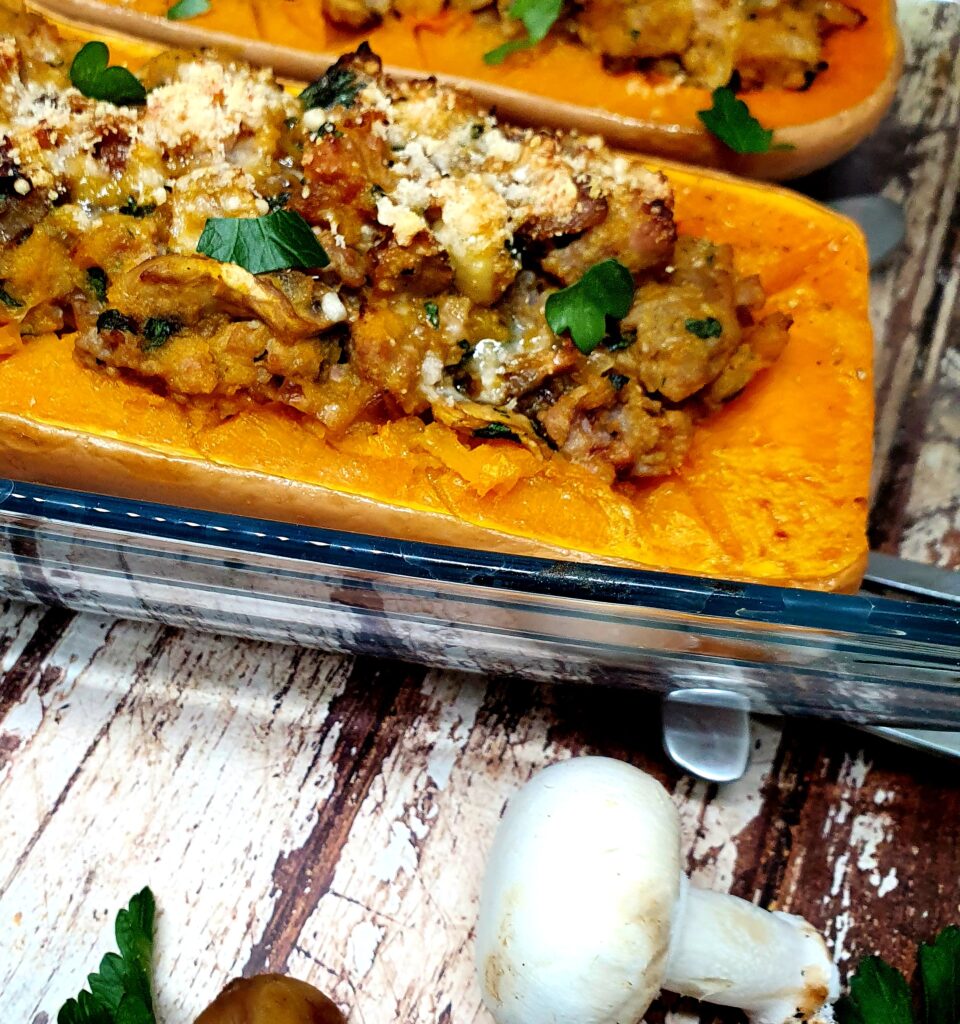 Butternut farçie au veau, champignons et châtaignes 1 Butternut farçie au veau, champignons et châtaignes