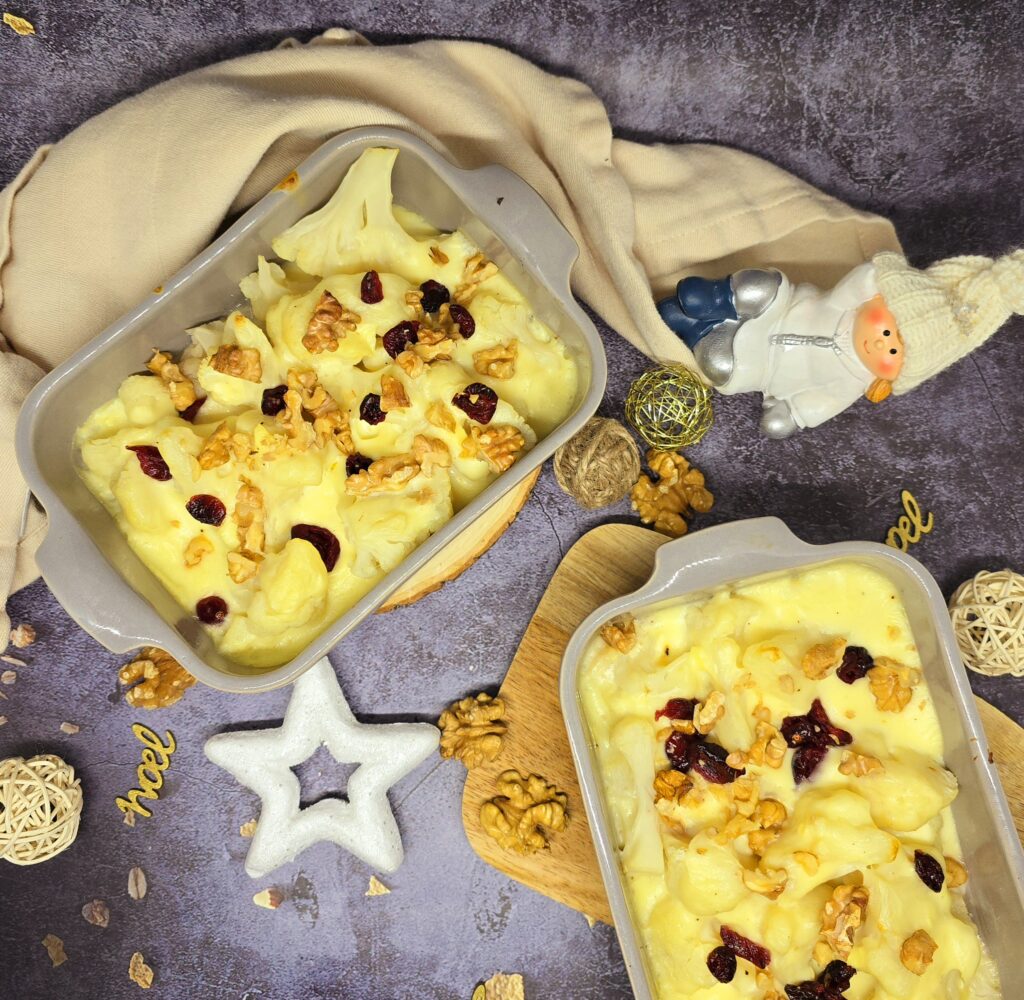 Gratin de chou fleur au brie, cranberries et noix