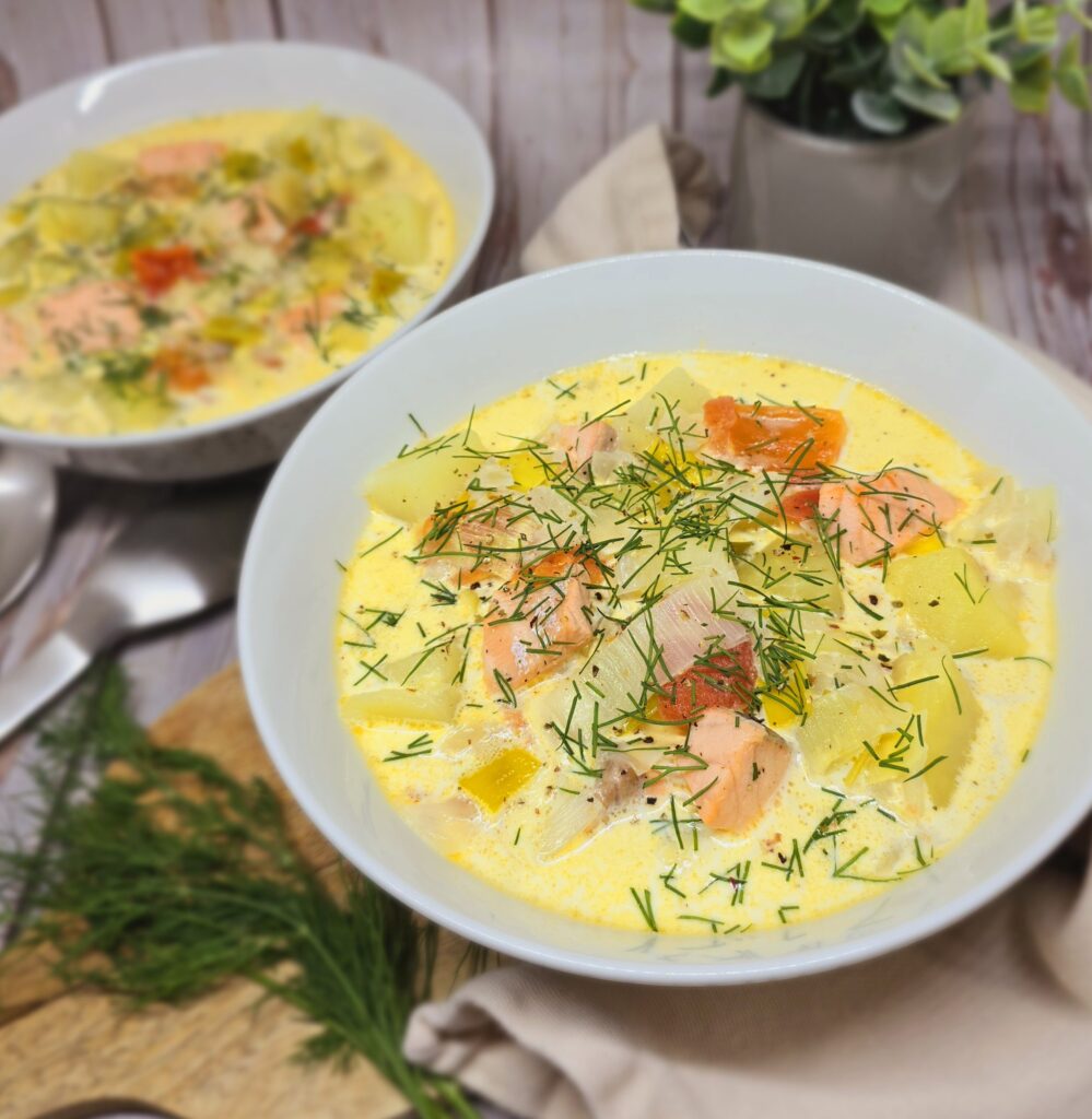 Soupe poireaux pommes de terre et saumon
