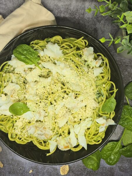 Spaghettis à la morue et à la crème d'épinards